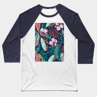 Moody tropical night // pattern // oxford blue background coral spearmint papaya orange jade and pine green leaves cotton candy pink and dry rose hibiscus flowers Baseball T-Shirt